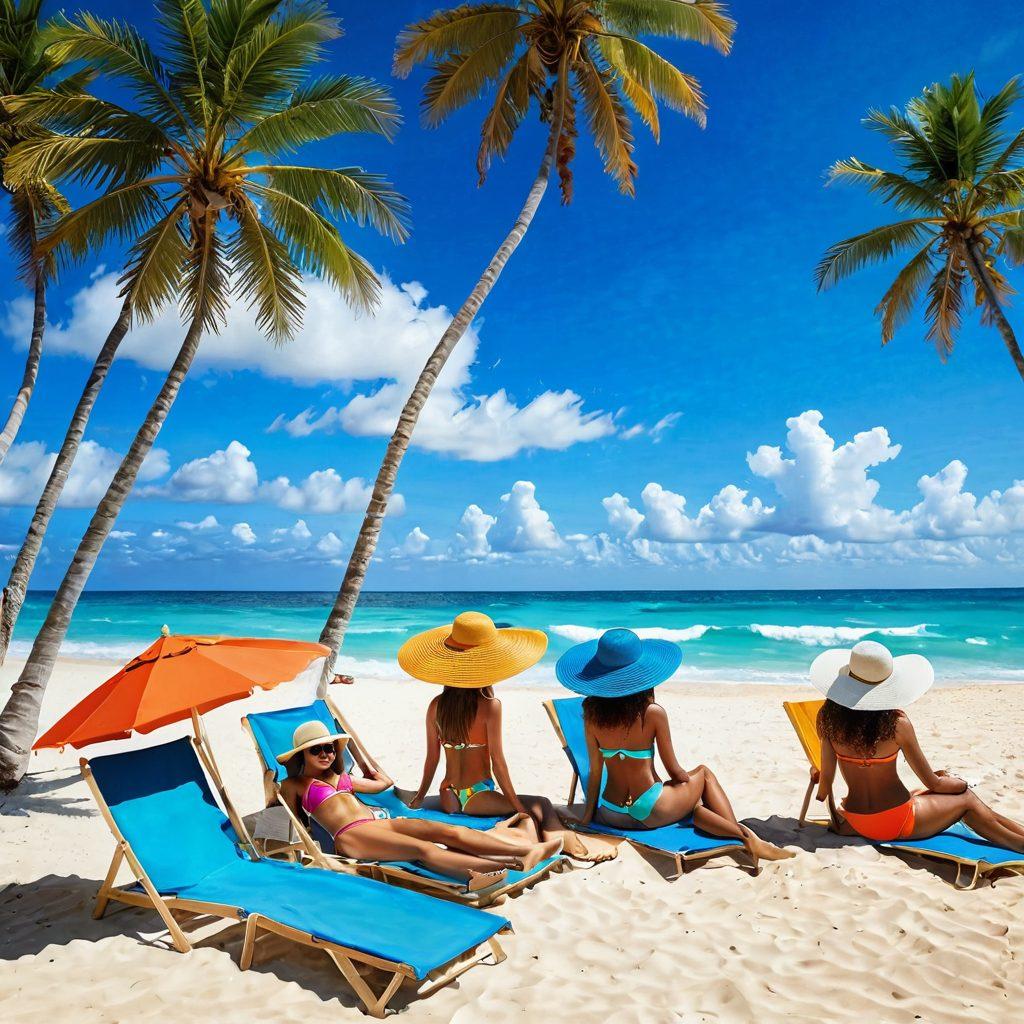 A vibrant beach scene featuring a diverse group of fashionable women showcasing a range of designer bikinis and trendy beach accessories, such as oversized sun hats, colorful beach bags, and stylish sunglasses. The background should include crystal-clear ocean waves and a bright blue sky with fluffy clouds, creating a sunny, inviting atmosphere. Add elements like palm trees and beach chairs to accentuate the coastal vibe. super-realistic. vibrant colors.